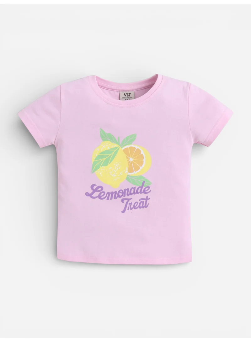 فكتور اند جين Girls Lemonade Print Cotton Pajama Set – T-Shirt & Full Pants Nightwear